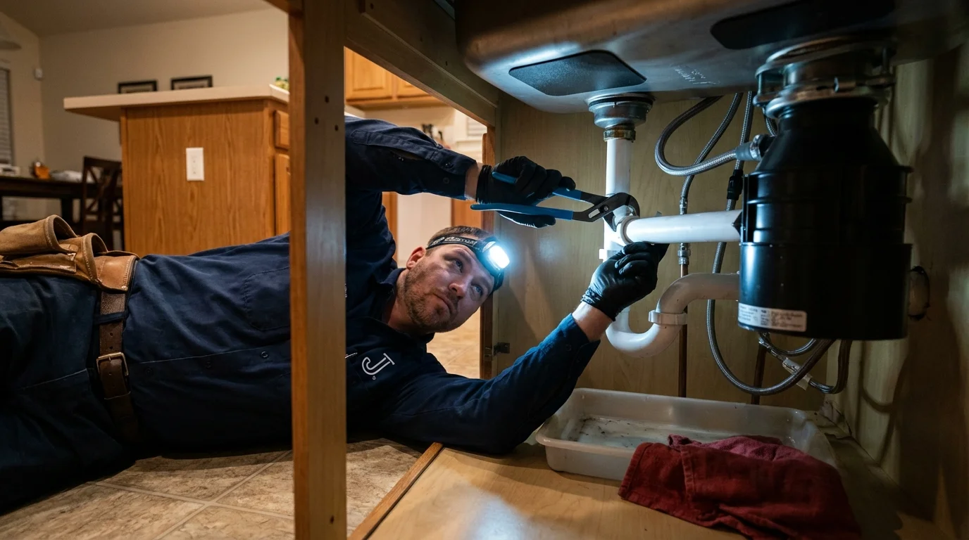P-trap and supply line connections under a kitchen sink showing a common leak point in Stony Point, NC